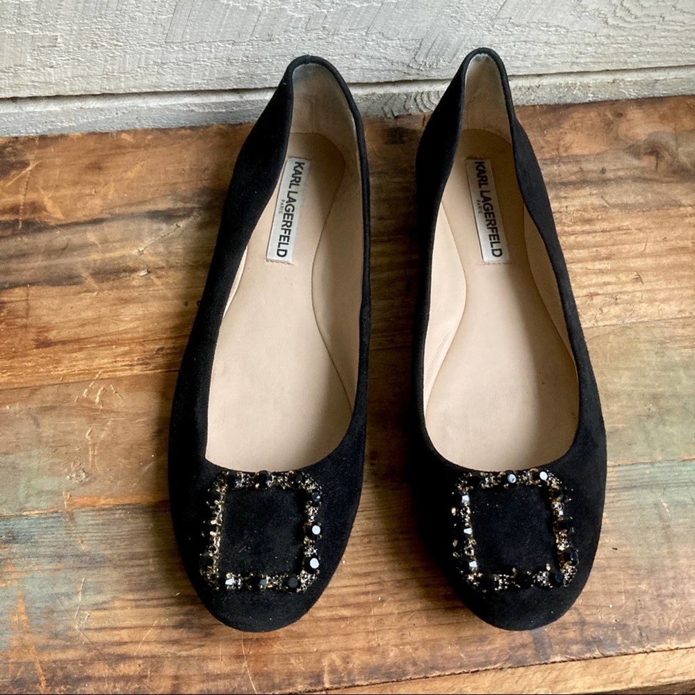 Karl Lagerfeld black suede ballet flats rhinestone buckle